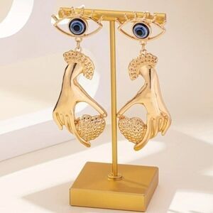 Gold Plated Evil All Eye and Hand Drop Heart Statement Earrings